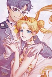 Rule 34 | 1boy, 1girl, aged up, arm around neck, artist name, bishoujo senshi sailor moon, blonde hair, blue eyes, blue hair, bow, bowtie, chiba mamoru, couple, crescent, crescent facial mark, dated, double bun, dress, earrings, endymion, facial mark, forehead mark, formal, glasses, gloves, hair bun, hand on another&#039;s shoulder, hetero, interlocked fingers, jewelry, king endymion, long hair, looking at viewer, nail polish, neo queen serenity, parted lips, princess serenity, red nails, shabomu, simple background, smile, strapless, strapless dress, suit, traditional bowtie, tsukino usagi, tuxedo, white dress, white gloves