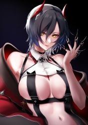 Rule 34 | 1girl, azur lane, bare shoulders, black background, black choker, black coat, black hair, breast strap, breasts, choker, claw ring, cleavage, closed mouth, coat, collarbone, collared shirt, commentary, crop top, cropped shirt, cross, hair between eyes, hair over one eye, hand up, highres, horns, iron cross, large breasts, looking at viewer, multicolored hair, navel, navel piercing, neconel, off shoulder, open clothes, open coat, piercing, red horns, shirt, short hair, sidelocks, simple background, sitting, smile, solo, spiked choker, spikes, stomach, ulrich von hutten (azur lane), upper body, white shirt, yellow eyes