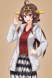 Rule 34 | &gt;:d, 1girl, ahoge, alternate costume, anti (untea9), brown background, brown hair, double bun, hair bun, hand on own hip, headgear, highres, jacket, kantai collection, kongou (kancolle), long hair, long skirt, purple eyes, red shirt, shirt, simple background, skirt, solo, striped clothes, striped skirt, v-shaped eyebrows, white jacket