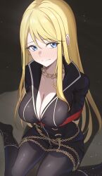 Rule 34 | 1girl, absurdres, arms behind back, ayase eli, bdsm, blonde hair, blue eyes, blush, bondage, bound, breasts, cleavage, closed mouth, hair down, highres, large breasts, long hair, looking at viewer, love live!, love live! school idol project, rope, shiratategosha, sitting, solo