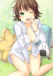 Rule 34 | 1girl, arm support, awakened miki, blush, bra, breasts, brown hair, cleavage, courreges ace, dress shirt, face, frilled pillow, frills, green eyes, hoshii miki, idolmaster, idolmaster (classic), lingerie, medium breasts, navel, one eye closed, open mouth, panties, pillow, shiny skin, shirt, sitting, sleepy, solo, underwear, wariza, wince, yawning