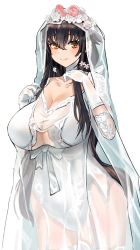 Rule 34 | 1girl, azuma (azur lane), azuma (lily-white longing) (azur lane), azur lane, breasts, bridal veil, bride, brown hair, choker, cleavage, cowboy shot, dress, flower, gloves, huge breasts, kukoi, leotard, leotard under clothes, long hair, looking at viewer, official alternate costume, orange eyes, rose, see-through, see-through dress, simple background, solo, thighhighs, veil, wedding dress, white background, white choker, white flower, white gloves, white leotard, white rose, white thighhighs