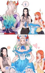 Rule 34 | + +, 3girls, ^ ^, archived source, arm tattoo, bad id, bad twitter id, belt, black hair, blue dress, blue hair, blush stickers, closed eyes, dress, earrings, forehead, frilled dress, frills, green hair, hair ornament, hair ribbon, halterneck, heart, holding, holding clothes, holding dress, horns, jewelry, joman, long hair, looking at another, multicolored hair, multiple girls, nami (one piece), nico robin, one piece, orange hair, ribbon, rope, shimenawa, short bangs, simple background, smile, spoken sweatdrop, star (symbol), strapless, strapless dress, sweatdrop, tank top, tattoo, twintails, upper body, white background, white hair, yamato (one piece)