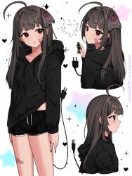 Rule 34 | 1girl, ahoge, animal, animal on head, arms at sides, artist name, ascii art, bandaid, bandaid on cheek, bandaid on face, bandaid on leg, black hoodie, black nails, black shorts, black sweater, breasts, brown hair, bug, cable, cable tail, cat, closed mouth, commentary, cowboy shot, dolphin shorts, drawstring, ear piercing, earrings, eating, electric plug, food bite, from behind, from side, gym shorts, heart, highres, holding, hood, hood down, hoodie, insect, jewelry, long hair, long sleeves, looking at viewer, looking back, mechanical tail, midriff peek, mole, mole under eye, moth, multiple views, nail polish, on head, original, parted lips, piercing, profile, ram (computer), red eyes, shorts, simple background, small breasts, sparkle, sweater, symbol-only commentary, tail, tail raised, upper body, vickie (cryingrobot), vickie (cryingrobot) (character), white background