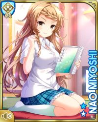 Rule 34 | 1girl, blue jacket, blue skirt, bow, braid, brown eyes, brown hair, card, character name, clenched hand, closed mouth, collarbone, futon, girlfriend (kari), holding, indoors, jacket, long hair, magazine (object), miyoshi nao, official art, plaid, plaid skirt, qp:flapper, reading, shirt, skirt, smile, socks, solo, tagme, v-shaped eyebrows, white shirt