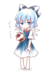 Rule 34 | 1girl, bad id, bad pixiv id, blouse, blue eyes, blue hair, book, bow, cirno, closed mouth, collared shirt, dot mouth, dress, embodiment of scarlet devil, female focus, full body, hair between eyes, hair bow, kuromame (8gou), matching hair/eyes, pinafore dress, ribbon, shirt, sleeveless, sleeveless dress, solo, touhou, white background, white shirt, wings