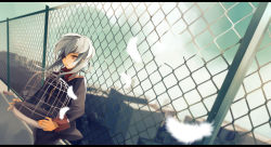 Rule 34 | 1boy, birdcage, cage, chain-link fence, eyepatch, feathers, fence, grey hair, hinata123, hinata (hinata123), inazuma eleven, inazuma eleven (series), letterboxed, long hair, male focus, red eyes, rooftop, sakuma jirou, solo, tears