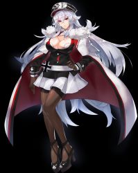 Rule 34 | 1girl, absurdres, azur lane, black background, breasts, brown gloves, brown pantyhose, cape, cleavage, commentary request, cross, full body, fur trim, gloves, graf zeppelin (azur lane), hand on own hip, hat, high heels, highres, iron cross, large breasts, long hair, long sleeves, military, military uniform, miniskirt, pantyhose, peaked cap, purple eyes, scottie (phantom2), skirt, solo, standing, thighband pantyhose, uniform, very long hair, white hair