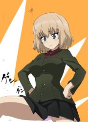 Rule 34 | 1girl, :t, bad id, bad pixiv id, black skirt, blonde hair, blue eyes, closed mouth, commentary request, frown, girls und panzer, green jacket, hands on own hips, highres, insignia, jacket, katyusha (girls und panzer), kumagapaniti, leg up, long sleeves, looking to the side, miniskirt, motion lines, orange background, panties, pantyshot, pleated skirt, pravda school uniform, red shirt, school uniform, shirt, short hair, skirt, solo, squiggle, translated, turtleneck, underwear, white panties