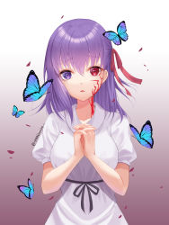Rule 34 | 1girl, absurdres, bad id, bad pixiv id, black ribbon, blush, breasts, bug, butterfly, closed mouth, collarbone, commentary, commentary request, fate/stay night, fate (series), hair between eyes, hair ribbon, heaven&#039;s feel, heterochromia, highres, insect, long hair, looking at viewer, matou sakura, multicolored eyes, multiple others, official alternate costume, own hands together, purple eyes, purple hair, red eyes, red ribbon, ribbon, sarablanche, scar, short sleeves, simple background, solo, standing, tearing up, tears