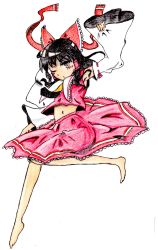 Rule 34 | 1girl, absurdres, anzu (1020v), bad id, bad pixiv id, ballpoint pen (medium), barefoot, black hair, bow, colored pencil (medium), detached sleeves, frills, full body, hair bow, hair tubes, hakurei reimu, highres, leg up, long hair, navel, one eye closed, red eyes, ribbon, simple background, sleeves past wrists, solo, touhou, traditional media, white background, wink
