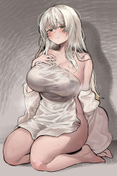 Rule 34 | 1girl, absurdres, arm behind back, bare legs, bare shoulders, barefoot, blush, breasts, chroong, cleavage, closed mouth, curvy, full body, gradient hair, green eyes, hair between eyes, hand on own chest, highres, huge breasts, large breasts, long hair, looking at viewer, multicolored hair, naked towel, original, plump, seiza, simple background, sitting, smile, solo, towel, white hair