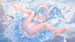 Rule 34 | 1girl, animal, armpits, arms up, ass, atdan, bare legs, barefoot, bird, blue eyes, blue hair, breasts, bubble, dress, feathers, feet, haiyi, hat, highres, jellyfish, large breasts, looking at viewer, open mouth, pelvic curtain, short dress, short hair, solo, spread legs, swan, synthesizer v, thighs, water, white dress