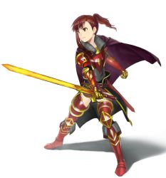 Rule 34 | 1girl, armor, brown eyes, brown hair, cape, clenched hand, commentary request, flaming sword, flaming weapon, full body, glowing hot, holding, holding sword, holding weapon, knight, leg armor, looking afar, medium hair, metal gloves, original, ornate armor, plate armor, ponytail, purple cape, shadow, simple background, slashing, solo, standing, sword, wasabi60, weapon, white background