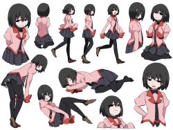 Rule 34 | 1girl, :3, :d, black eyes, black hair, black necktie, black pantyhose, black skirt, brown footwear, closed mouth, from behind, from side, hammer (sunset beach), juliet sleeves, long sleeves, looking at viewer, lying, monogatari (series), multiple views, necktie, on side, open mouth, oshino ougi, pantyhose, parted lips, pink shirt, pleated skirt, puffy sleeves, shirt, shoes, short hair, simple background, sitting, skirt, sleeves past wrists, smile, smug, standing, walking, white background
