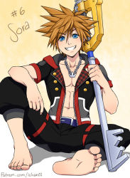 Rule 34 | 1boy, abs, barefoot, blue eyes, blush, brown hair, feet, full body, highres, ichan, kingdom hearts, looking at viewer, male focus, muscular, sitting, smile, soles, solo, sora (kingdom hearts), teeth, toes, weapon