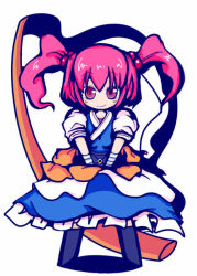 Rule 34 | 1girl, hair bobbles, hair ornament, kunitori, onozuka komachi, red eyes, red hair, scythe, short hair, smile, solo, touhou, twintails, two side up