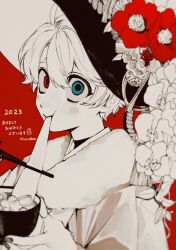 Rule 34 | 1boy, 2023, :t, blue eyes, bowl, chopsticks, dated, eating, flower, food, fur collar, hair between eyes, hands up, hat, hat flower, heterochromia, highres, holding, holding bowl, holding chopsticks, japanese clothes, kimono, limited palette, long sleeves, looking at viewer, maddy (minai mosa), male focus, minai mosa, mochi, new year, original, red background, red eyes, red flower, short hair, simple background, solo, sun hat, translation request, upper body