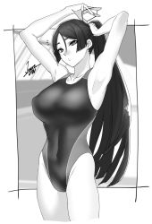 Rule 34 | 1girl, adjusting hair, alternate costume, armpits, arms up, border, breasts, competition swimsuit, fate/grand order, fate (series), greyscale, iwamoto eiri, large breasts, long hair, minamoto no raikou (fate), monochrome, one-piece swimsuit, parted bangs, ponytail, swimsuit, thighs, tying hair, very long hair, white border