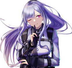 Rule 34 | 1girl, 3 small spiders, absurdres, ak-12 (girls&#039; frontline), black gloves, blush, breasts, closed mouth, commentary, defy (girls&#039; frontline), finger to mouth, fingerless gloves, girls&#039; frontline, gloves, harness, highres, long hair, long sleeves, looking at viewer, medium breasts, one eye closed, ponytail, purple eyes, shirt, silver hair, smile, solo, tactical clothes, upper body, white background, white shirt