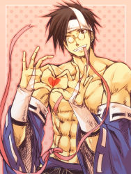 Rule 34 | 1boy, abs, mito anji, arc system works, bridal gauntlets, brown hair, detached sleeves, glasses, guilty gear, headband, heart, heart hands, japanese clothes, male focus, mouth hold, muscular, one eye closed, pince-nez, ribbon, short hair, solo, tatsuki maki, topless male, wide sleeves, wink