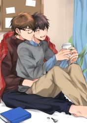 Rule 34 | 2boys, absurdres, ace of diamond, aiaipoponta0605, black pants, blush, brown eyes, brown hair, brown pants, brown shirt, closed mouth, coffee, coffee cup, couple, cup, disposable cup, glasses, grey shirt, hands on another&#039;s hips, highres, holding, holding cup, hug, hug from behind, miyuki kazuya, multiple boys, open mouth, pants, sawamura eijun, shirt, short hair, sideburns, sitting, smile, yaoi