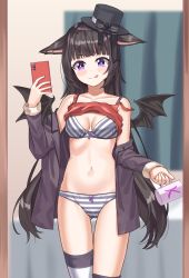 Rule 34 | 1girl, :q, absurdres, animal ears, bare shoulders, bat wings, black hair, black hat, black jacket, bra, camisole, cellphone, clothes lift, commission, gluteal fold, hand up, happycloud, hat, highres, holding, jacket, lifted by self, long hair, long sleeves, looking at viewer, naughty face, navel, no pants, off shoulder, open clothes, open jacket, original, panties, phone, purple eyes, red shirt, shirt, shirt lift, sleeveless, sleeveless shirt, smartphone, smile, solo, spaghetti strap, stomach, striped bra, striped clothes, striped panties, striped thighhighs, thighhighs, thighs, tongue, tongue out, top hat, underwear, v-shaped eyebrows, very long hair, wings