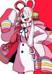 Rule 34 | 1girl, black ribbon, blush, dokan (dkn), dress, hair over one eye, hair rings, headphones, jacket, long sleeves, multicolored hair, one piece, one piece film: red, open mouth, pink jacket, purple eyes, rainbow print, red hair, ribbon, sleeves past fingers, sleeves past wrists, solo, split-color hair, teeth, two-tone background, two-tone hair, upper teeth only, uta (one piece), white dress, white hair