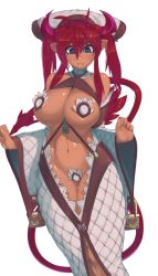 Rule 34 | 1girl, ahoge, bare shoulders, blue eyes, boo (mshadowy), breasts, cleavage, commentary, curvy, dark skin, dark-skinned female, demon girl, demon horns, demon tail, detached collar, detached sleeves, fang, gluteal fold, hair ornament, highres, horns, impossible clothes, large breasts, long hair, long skirt, maebari, mshadowy, navel, original, pasties, pointy ears, red hair, revealing clothes, skirt, slit pupils, solo, sweatdrop, tail, transparent background, twintails