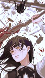 Rule 34 | 1girl, absurdres, axe, black hair, black ribbon, blood, blood on clothes, blood on hands, blood splatter, chainsaw man, collared shirt, cross scar, debris, facial scar, fourth east high school uniform, highres, holding, holding sword, holding weapon, long hair, looking at viewer, ribbon, ringed eyes, scar, scar on cheek, scar on face, school uniform, shirt, solo, sword, weapon, white shirt, yellow eyes, yoru (chainsaw man), yuuwaku06
