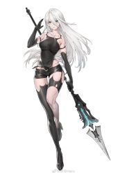Rule 34 | 1girl, black gloves, blue eyes, breasts, bright pupils, elbow gloves, expressionless, gloves, hair between eyes, high heels, highres, large breasts, long hair, looking at viewer, mole, mole under mouth, nier (series), nier:automata, official art, pelvic curtain, polearm, punishing: gray raven, sawamaharu, short shorts, shorts, silver hair, simple background, single thighhigh, solo, standing, standing on one leg, thighhighs, very long hair, weapon, weibo watermark, white background, white pupils, a2 (nier:automata)