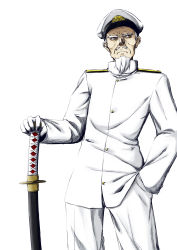 Rule 34 | 10s, 1boy, admiral (kancolle), beard, brown eyes, buttons, facial hair, gloves, hand in pocket, hat, highres, kantai collection, katana, looking away, male focus, military, military uniform, mustache, naval uniform, niwatazumi, old, old man, sheath, sheathed, simple background, solo, sword, uniform, weapon, white background, white hair