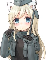 Rule 34 | 10s, 1girl, animal ears, bad id, bad pixiv id, black gloves, blonde hair, blue eyes, cat day, cat ears, gloves, highres, jacket, juliet sleeves, kantai collection, kemonomimi mode, long hair, long sleeves, looking at viewer, military, military uniform, open clothes, open jacket, paw pose, puffy sleeves, sawatari (sado), solo, u-511 (kancolle), uniform, very long hair