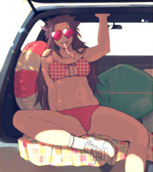 Rule 34 | 1girl, alternate costume, bikini, breasts, car interior, feet out of frame, heart, heart-shaped eyewear, highres, innertube, jun&#039;you (kancolle), kantai collection, large breasts, long hair, looking at viewer, mismatched bikini, mouth hold, pink-tinted eyewear, pink-tinted glasses, purple hair, red bikini, shishanmo, shoes, side-tie bikini bottom, sitting, sneakers, solo, spiked hair, sunglasses, surfboard, swim ring, swimsuit, tinted eyewear, tupet