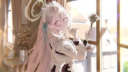 Rule 34 | 1girl, akane (blue archive), animated, apron, blonde hair, blue archive, brown eyes, cleaning, cleaning brush, cleaning windows, flower, from side, glasses, gloves, halo, hand to own mouth, highres, looking at viewer, looking back, maid, maid apron, maid gloves, maid headdress, official art, screencap, smile, tagme, video, white hair, window
