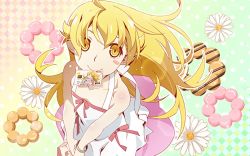 Rule 34 | 1girl, bad id, bad twitter id, bare shoulders, blonde hair, blush stickers, bracelet, collarbone, credit card, doughnut, dress, flower, food, from above, hair between eyes, hair spread out, holding, jewelry, lens flare, long hair, looking at viewer, monogatari (series), monogatari series puc puc, mouth hold, official art, oshino shinobu, pastry box, shiny skin, solo, sundress, sunflower, very long hair, watanabe akio, white dress, yellow eyes