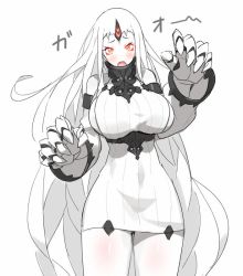 Rule 34 | 10s, 1girl, abyssal ship, bare shoulders, breasts, claws, ddal, dress, gao, horns, huge breasts, kantai collection, large breasts, long hair, looking at viewer, open mouth, pale skin, red eyes, ribbed dress, seaport princess, short dress, sideboob, simple background, single horn, solo, standing, very long hair, white background, white hair