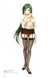 Rule 34 | 1girl, black thighhighs, blouse, breasts, green hair, happoubi jin, highres, large breasts, long hair, open clothes, open shirt, panties, pencil skirt, scan, shirt, skirt, solo, sweet body, thighhighs, underwear, white shirt