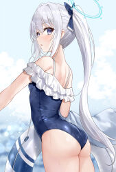 Rule 34 | 1girl, :o, asle, ass, blue archive, blue bow, blue halo, blue one-piece swimsuit, blue sky, blurry, blurry background, bow, breasts, casual one-piece swimsuit, cloud, commentary, day, frilled one-piece swimsuit, frills, hair bow, halo, highres, innertube, light blush, long hair, looking at viewer, miyako (blue archive), miyako (swimsuit) (blue archive), off-shoulder one-piece swimsuit, off shoulder, official alternate costume, one-piece swimsuit, outdoors, parted lips, ponytail, purple eyes, sidelocks, sky, small breasts, solo, swim ring, swimsuit, symbol-only commentary, turning head, very long hair, water drop, wet, white hair