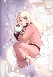Rule 34 | 1girl, absurdres, blonde hair, commentary request, fetal position, formal, highres, holding, holding stuffed toy, long hair, looking at viewer, lying, ma rukan, messy hair, messy room, midriff, necktie, on side, pajamas, pink pajamas, red eyes, red necktie, sakura-sou no pet na kanojo, shiina mashiro, shirt, stuffed animal, stuffed cat, stuffed toy, suit, white shirt