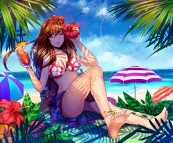Rule 34 | 1girl, ;), akubaka, anklet, artist name, artistic error, barefoot, beach, beach umbrella, bikini, bird, blue sky, bow, bracelet, breasts, brown eyes, brown hair, chair, cherry, cleavage, cloud, cocktail, cocktail glass, cocktail umbrella, cup, day, drink, drinking glass, drinking straw, feet, floral print, flower, food, fruit, full body, hair bow, hair flower, hair ornament, hibiscus, horizon, hurricane glass, jewelry, kneeling, large breasts, lips, long hair, looking at viewer, lounge chair, ocean, one eye closed, original, outdoors, palm tree, pineapple, pineapple slice, plant, print bikini, red bow, sarong, shadow, sitting, sky, smile, soles, solo, sunlight, swimsuit, towel, tree, umbrella