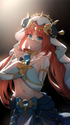 Rule 34 | 1girl, absurdres, aqua eyes, bare shoulders, blue bow, blue skirt, bow, brown background, circlet, closed mouth, clothing cutout, collarbone, cowboy shot, crop top, detached sleeves, forehead jewel, genshin impact, gold trim, gradient background, hands up, harem outfit, highres, jewelry, kong ting, light particles, long hair, long sleeves, looking at viewer, mouth veil, navel, neck ring, nilou (genshin impact), parted bangs, puffy long sleeves, puffy sleeves, red hair, see-through, sidelighting, skirt, smile, solo, stomach, twintails, vambraces, veil, vision (genshin impact), x arms