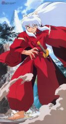 Rule 34 | 1boy, absurdres, animal ears, barefoot, clenched teeth, demon, detached sleeves, highres, inuyasha, inuyasha (character), japanese clothes, long hair, male focus, nakajima rie, official art, solo, sword, teeth, weapon, white hair