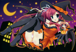 Rule 34 | 2girls, :d, absurdres, ariko youichi, arm up, ass, bare shoulders, black gloves, black wings, blue eyes, boots, bow, breasts, brown hair, building, cleavage, crescent moon, elbow gloves, flower, gloves, hair ribbon, halloween, hat, highres, image sample, legs, long hair, looking at viewer, lying, medium breasts, moon, multiple girls, nakahara akane, nakahara kaede, on back, open hand, open mouth, panties, pantyshot, pumpkin, red hair, ribbon, short hair, smile, star (symbol), thigh boots, thighhighs, trouble@spiral!, underwear, wallpaper, white panties, wings, witch hat