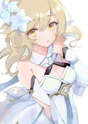 Rule 34 | 1girl, bare shoulders, blonde hair, blush, breasts, capelet, cleavage, dress, eyelashes, feather hair ornament, feathers, flower, gauntlets, genshin impact, hair between eyes, hair flower, hair ornament, highres, looking at viewer, lumine (genshin impact), short hair, simple background, solo, utakapen, white background, white dress, white feathers, white flower, yellow eyes