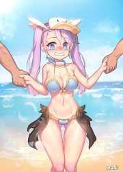 Rule 34 | 1girl, 2boys, bad id, bad pixiv id, beach, bikini, blue eyes, blush, breasts, child, cleavage, clenched teeth, cloud, collar, day, embarrassed, gluteal fold, holding hands, large breasts, long hair, muloli, multiple boys, narrow waist, navel, oppai mochi, original, outdoors, pink hair, scared, shiny skin, sky, swimsuit, tears, teeth, thigh gap, twintails, visor cap, water