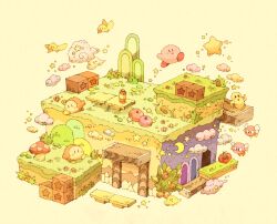 Rule 34 | :d, apple, bird, blush, bronto burt, bush, cappy (kirby), character request, cloud, crescent moon, flying, food, fruit, grass, hill, jumping, kirby, kirby&#039;s dream land, kirby (series), maniani, maxim tomato, moon, mushroom, nintendo, no humans, open mouth, plant, rock, scenery, simple background, smile, solid oval eyes, star (symbol), star block, waddle dee, walking, warp star, white background