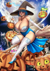 Rule 34 | 1girl, absurdres, blue hair, blush, bob cut, breasts, broom, broom riding, city, cleavage, collarbone, curvy, erkaz, female focus, gigantic breasts, halloween, hat, heels, high heels, highres, huge breasts, jewelry, leotard, looking at viewer, moon, necklace, night, open mouth, original, pumpkin, pumps, red eyes, rina atherina, shiny skin, short hair, smile, solo, thick thighs, thighhighs, thighs, white thighhighs, wide hips, witch, witch hat