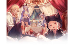 Rule 34 | 10s, 2boys, 2girls, animal ears, animal hood, barefoot, blonde hair, blue eyes, casual, cat hood, cup, food, granblue fantasy, heles, hood, jewelry, minaba hideo, multiple boys, multiple girls, naoise, necklace, official art, red eyes, scathacha (granblue fantasy), seruel, shorts, silver hair, teacup, tiered tray