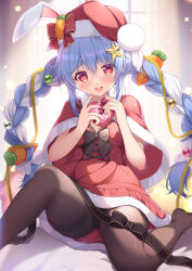 Rule 34 | 1girl, :d, animal ears, black bow, black pantyhose, black ribbon, blue hair, blush, bow, box, braid, breasts, capelet, carrot hair ornament, colored eyelashes, commentary request, dress, feet out of frame, food-themed hair ornament, fur-trimmed capelet, fur-trimmed dress, fur trim, gift, hair ornament, hands up, happy, hat, hat bow, head tilt, heart-shaped box, highres, holding, holding gift, hololive, long hair, looking at viewer, medium breasts, mikeou, multicolored hair, no shoes, open mouth, pantyhose, rabbit ears, rabbit girl, red bow, red eyes, ribbon, round teeth, santa capelet, santa dress, santa hat, short dress, short eyebrows, sidelocks, sitting, smile, solo, star (symbol), star hair ornament, teeth, thick eyebrows, thighband pantyhose, thighs, twin braids, two-tone hair, upper teeth only, usada pekora, very long hair, virtual youtuber, white hair